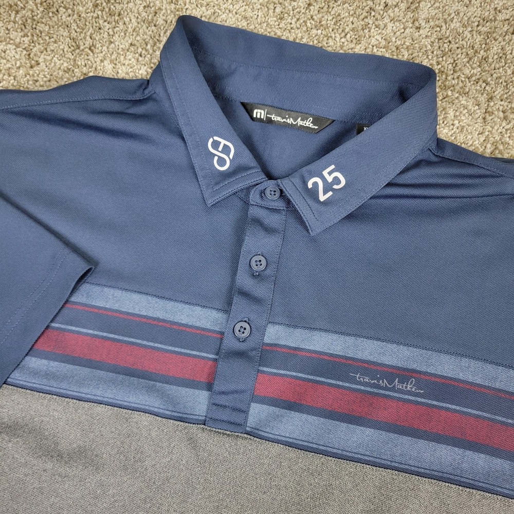 Travis Mathew Mens 2XL Blue Gray Chest Stripe Performance Stretch Golf Polo